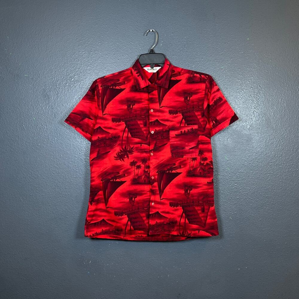 Playboy 15m 15,5 men’s red button up short sleeve shirt vintage island boats
